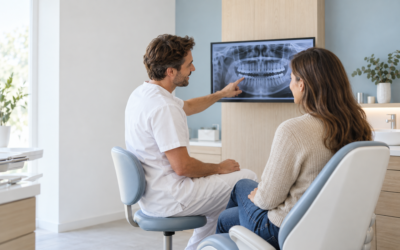 A dentist cleaning an adult patient&rsquo;s teeth during a routine check-up