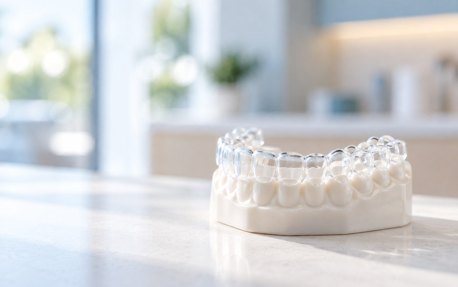 A dentist showing a clear aligner to an adult patient
