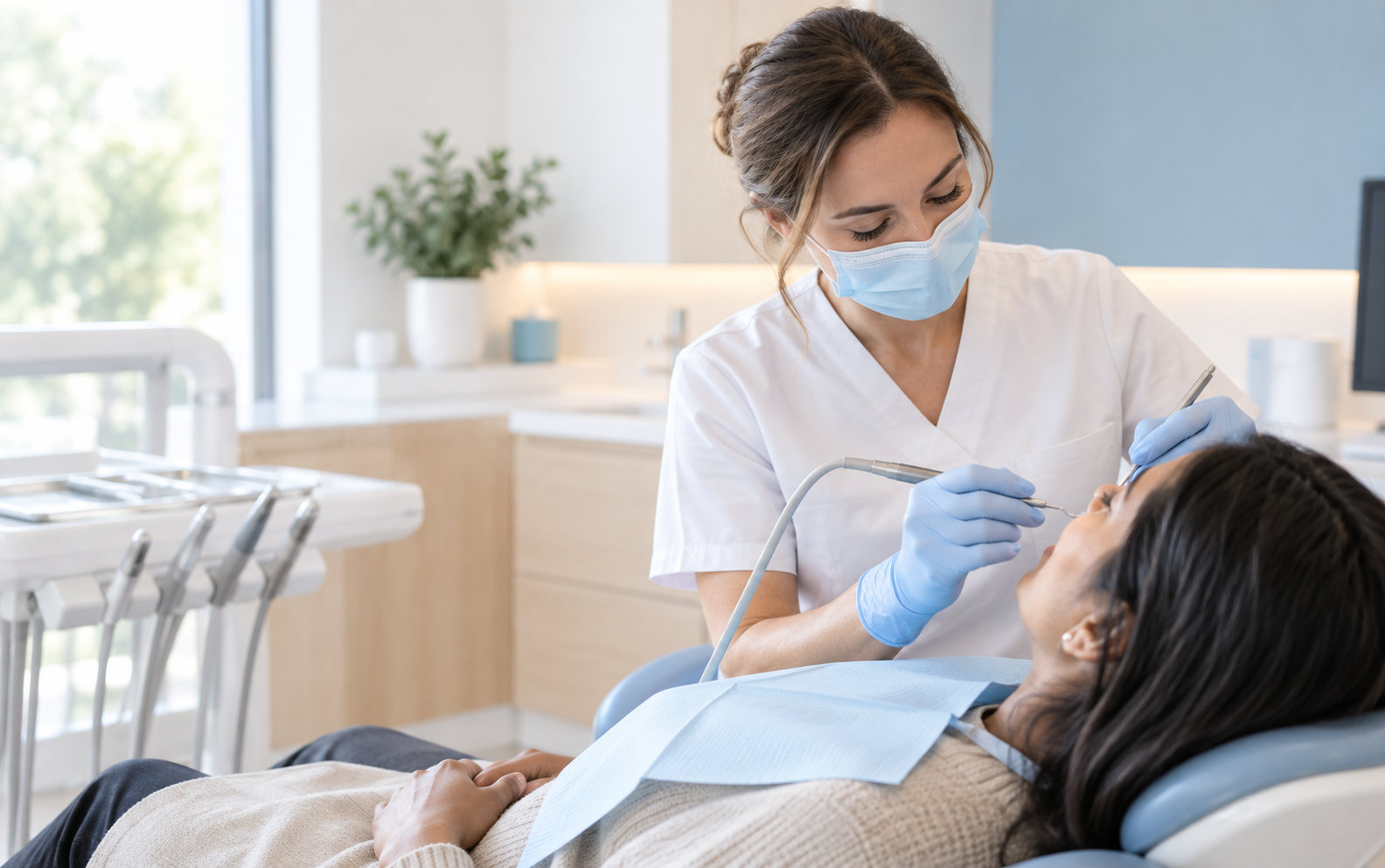 A dentist sitting with a patient and explaining a treatment plan during a consultation