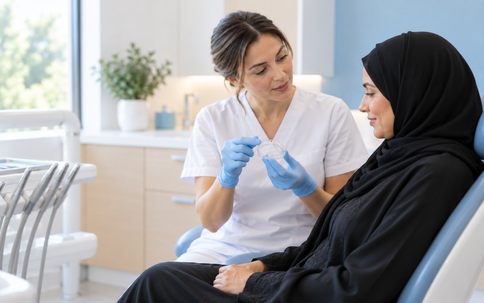 A dentist treating a patient with toothache in the treatment room