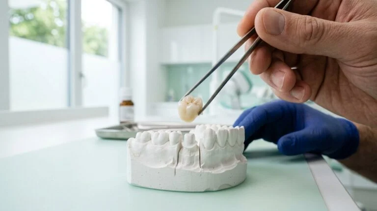 Dentist explaining dental crowns and bridges to a patient in Sharjah