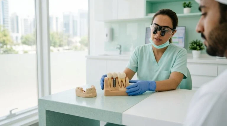 Dentist explaining a dental implant model to a patient