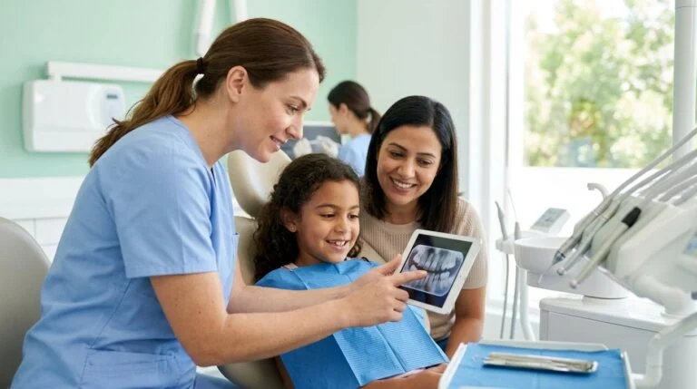 Dentist showing a dental X-ray on a tablet