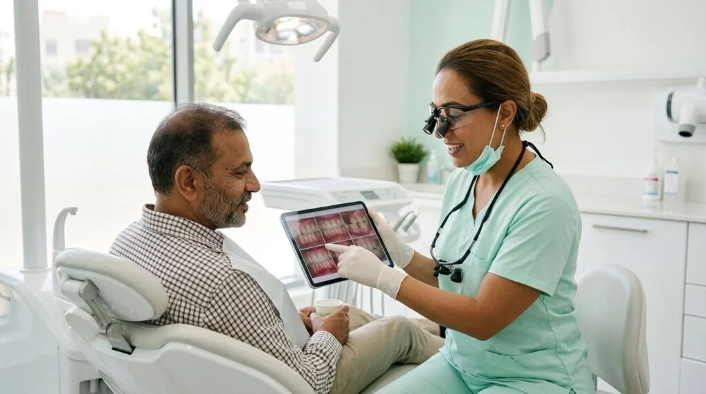Dentist showing a patient intraoral photos on a tablet during a consultation in Sharjah
