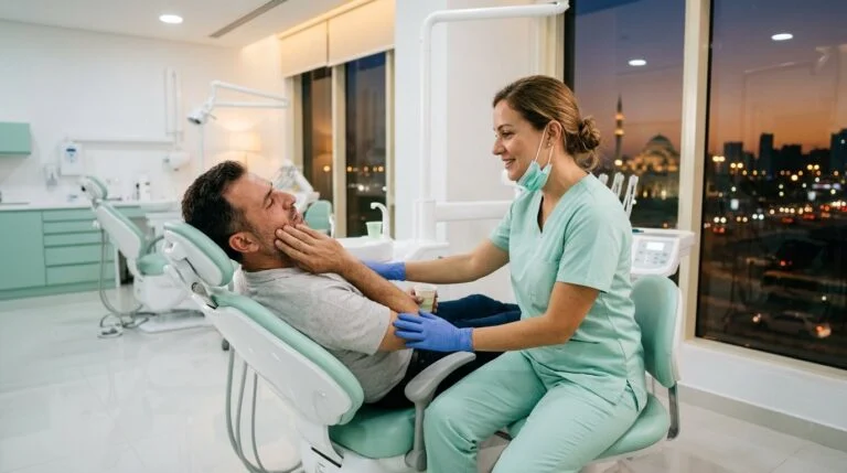 Dentist reassuring a patient with toothache during an evening appointment