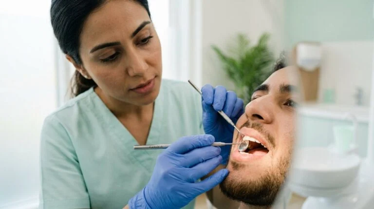 Dentist examining a patient's gums with a dental mirror and probe