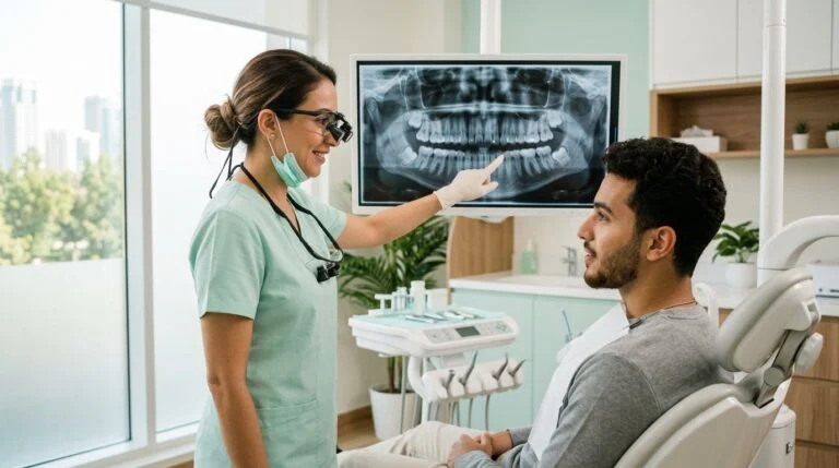 Dentist and patient reviewing a panoramic X-ray