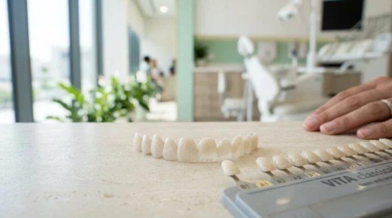 Set of porcelain veneers beside a dental shade guide