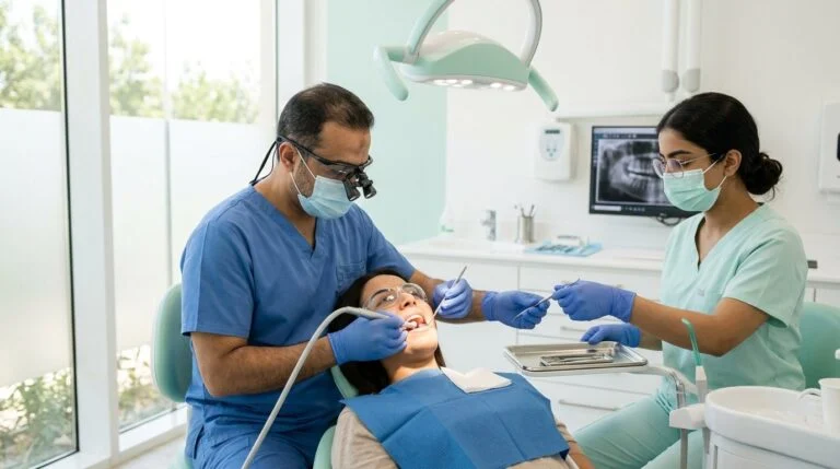 Dentist with magnifying loupes performing root canal treatment on a molar