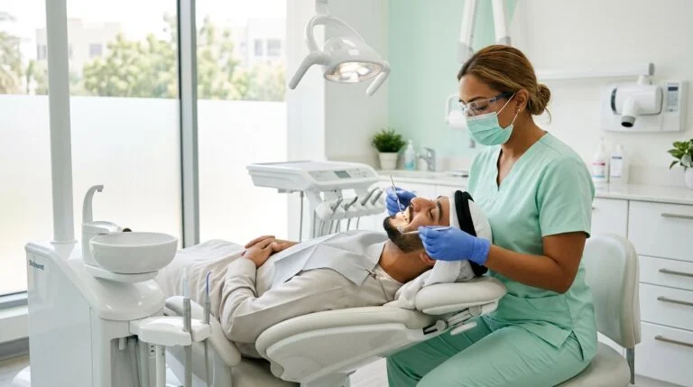 Hygienist performing professional teeth cleaning in Sharjah