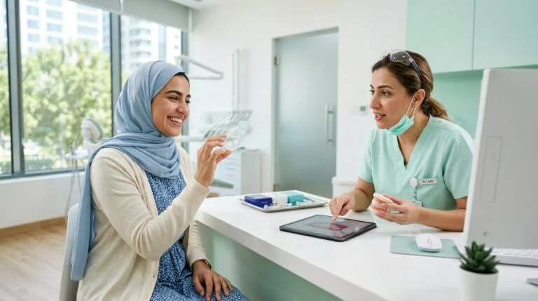 Woman holding a clear aligner tray